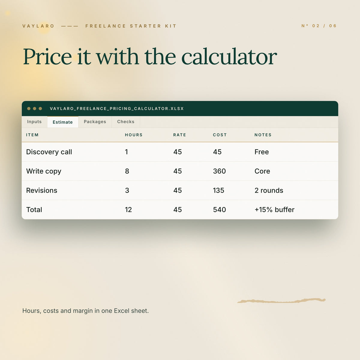 Freelance Starter Kit – pricing calculator Excel