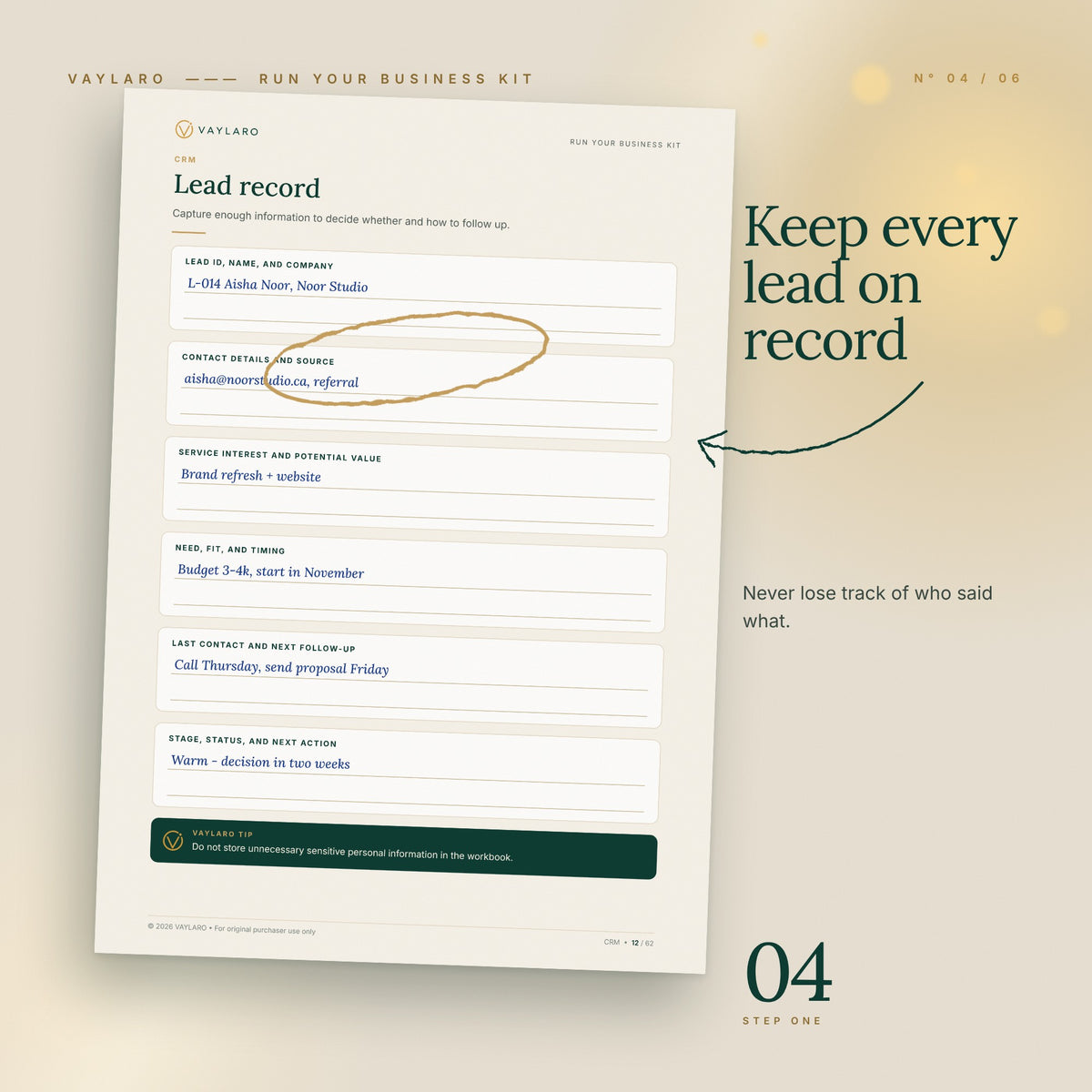 Run Your Business Kit – lead record