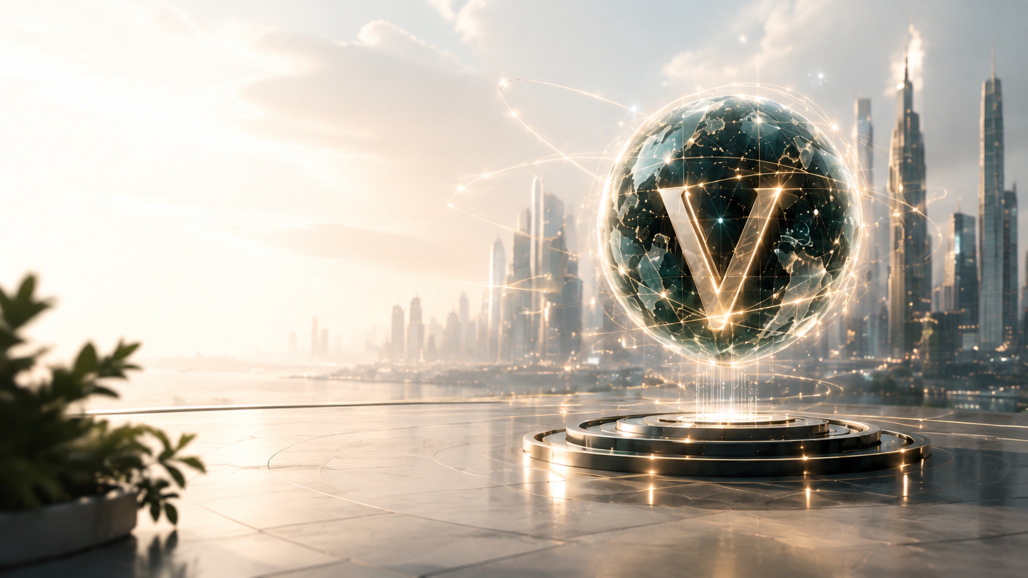 VAYLARO intelligence globe overlooking a future global city